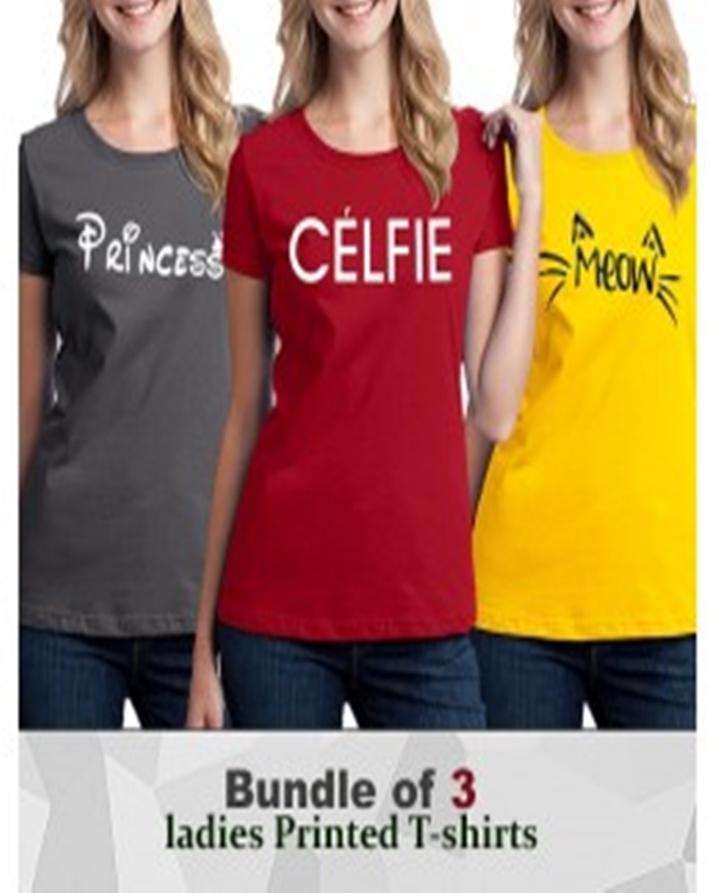 Pack Of 3 - Red Grey and Yellow Cotton Printed Tshirt For Women - DENIMS - Tops & T - Shirts - 