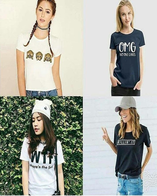 Pack Of 4 - Multicolor Cotton Printed T - Shirts For Women - DENIMS - Tops & T - Shirts - 