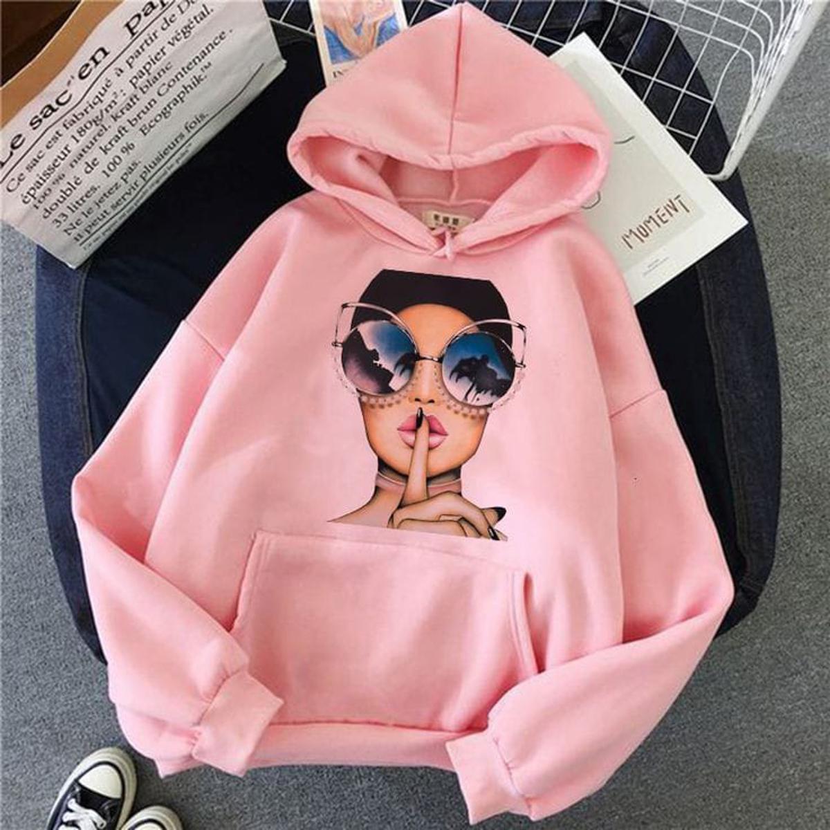 Pink Aesthetic Girl Printed Winter Fleece Full Seeves Hoodie For Women - DENIMS - Hoodies & Sweatshirts - 