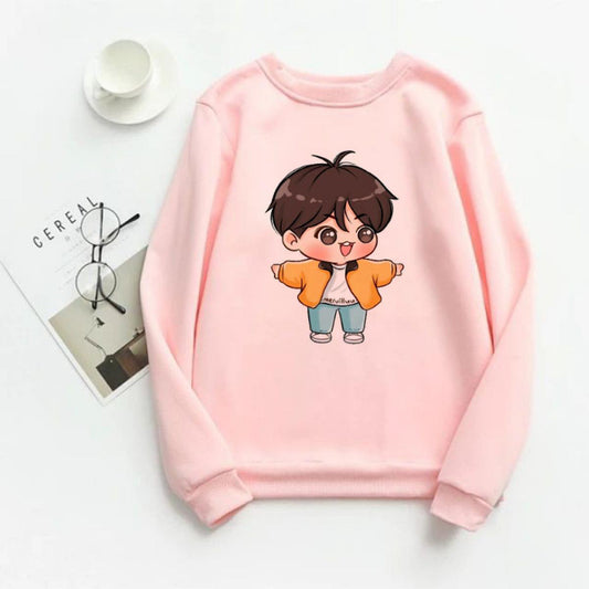 Pink Anime Cute Cartoon Printed Fleece Full Sleeves Sweatshirt For Women - DENIMS - Hoodies & Sweatshirts - 