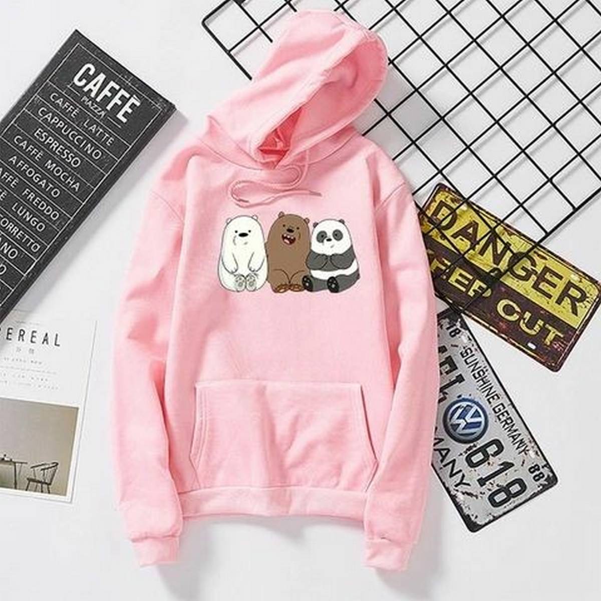Pink Bare Bears Fleece Full Sleeves Pull Over Hoodie For Women - DENIMS - Hoodies & Sweatshirts - 