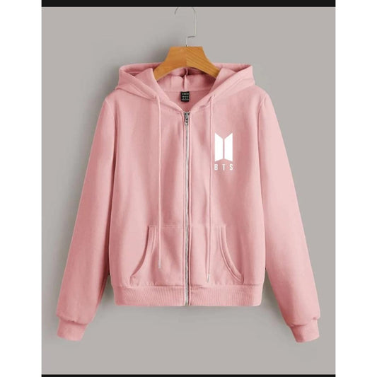 Pink BTS Fleece Full Sleeves Zipper Hoodie For Women - DENIMS - Hoodies & Sweatshirts - 