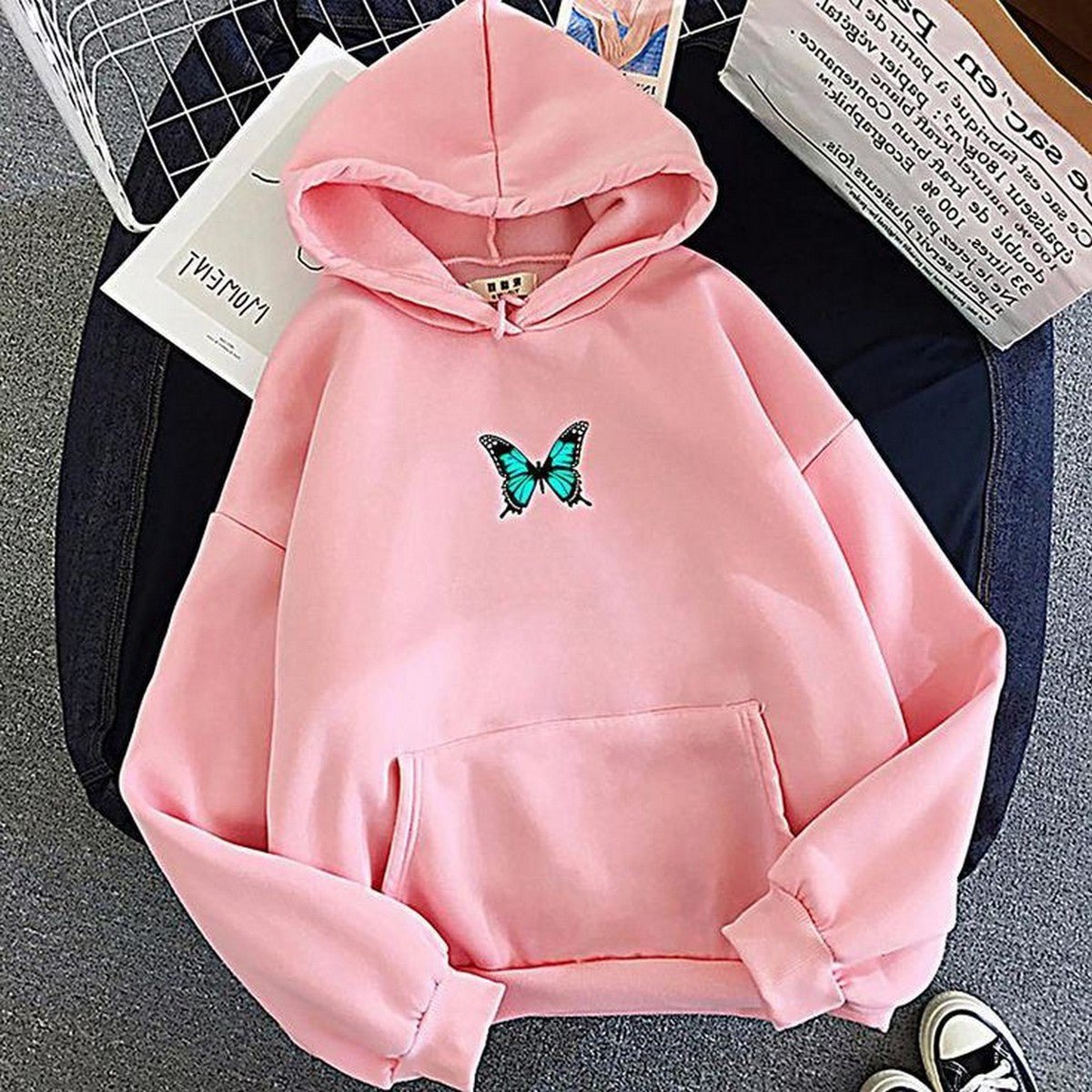 Pink Butterfly Fleece Full Sleeves Pull Over Hoodie For Women - DENIMS - Hoodies & Sweatshirts - 