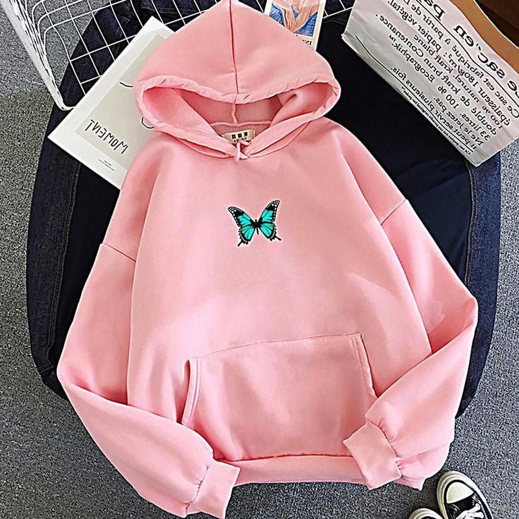 Pink Butterfly Fleece Full Sleeves Pull Over Hoodie For Women - DENIMS - Hoodies & Sweatshirts - 