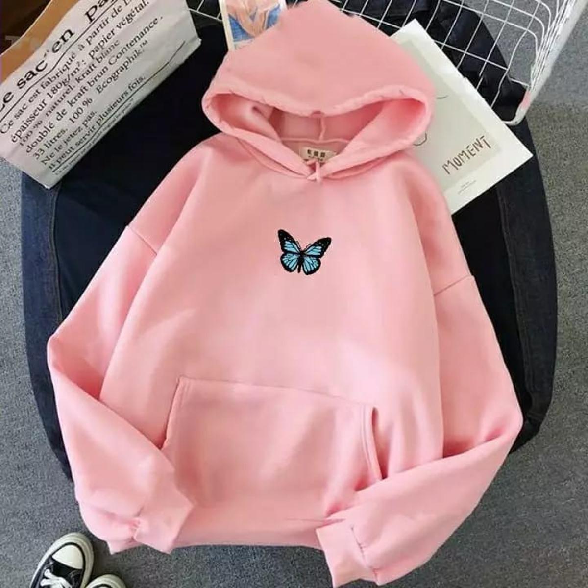 Pink Butterfly Fleece Full Sleeves Pull Over Hoodie For Women - DENIMS - Hoodies & Sweatshirts - 