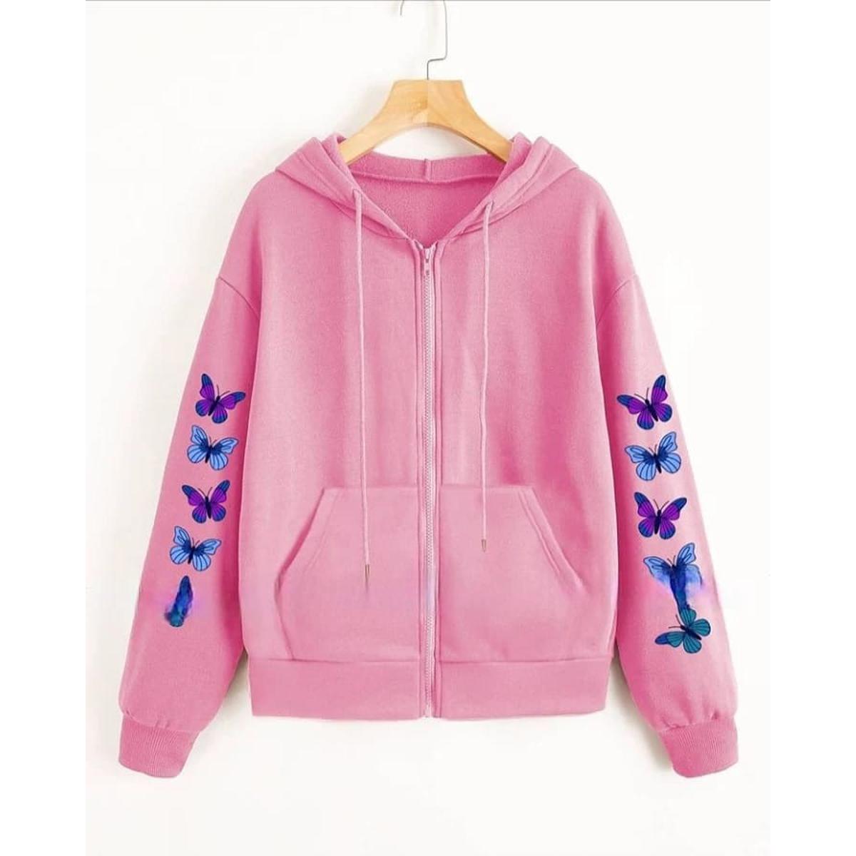Pink Butterfly Fleece Full Sleeves Zipper Hoodie For Women - DENIMS - Hoodies & Sweatshirts - 