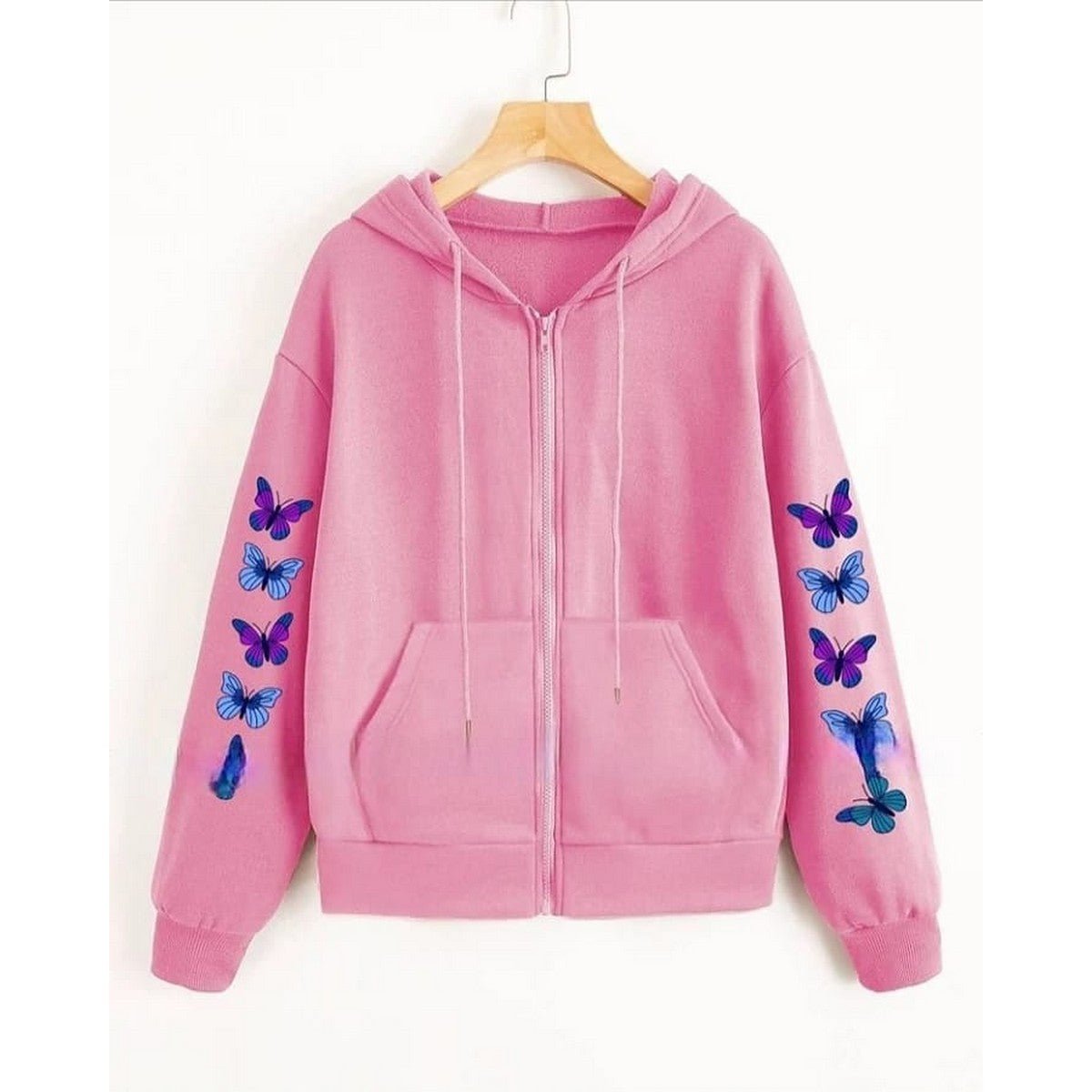 Pink Butterfly Fleece Full Sleeves Zipper Hoodie For Women - DENIMS - Hoodies & Sweatshirts - 