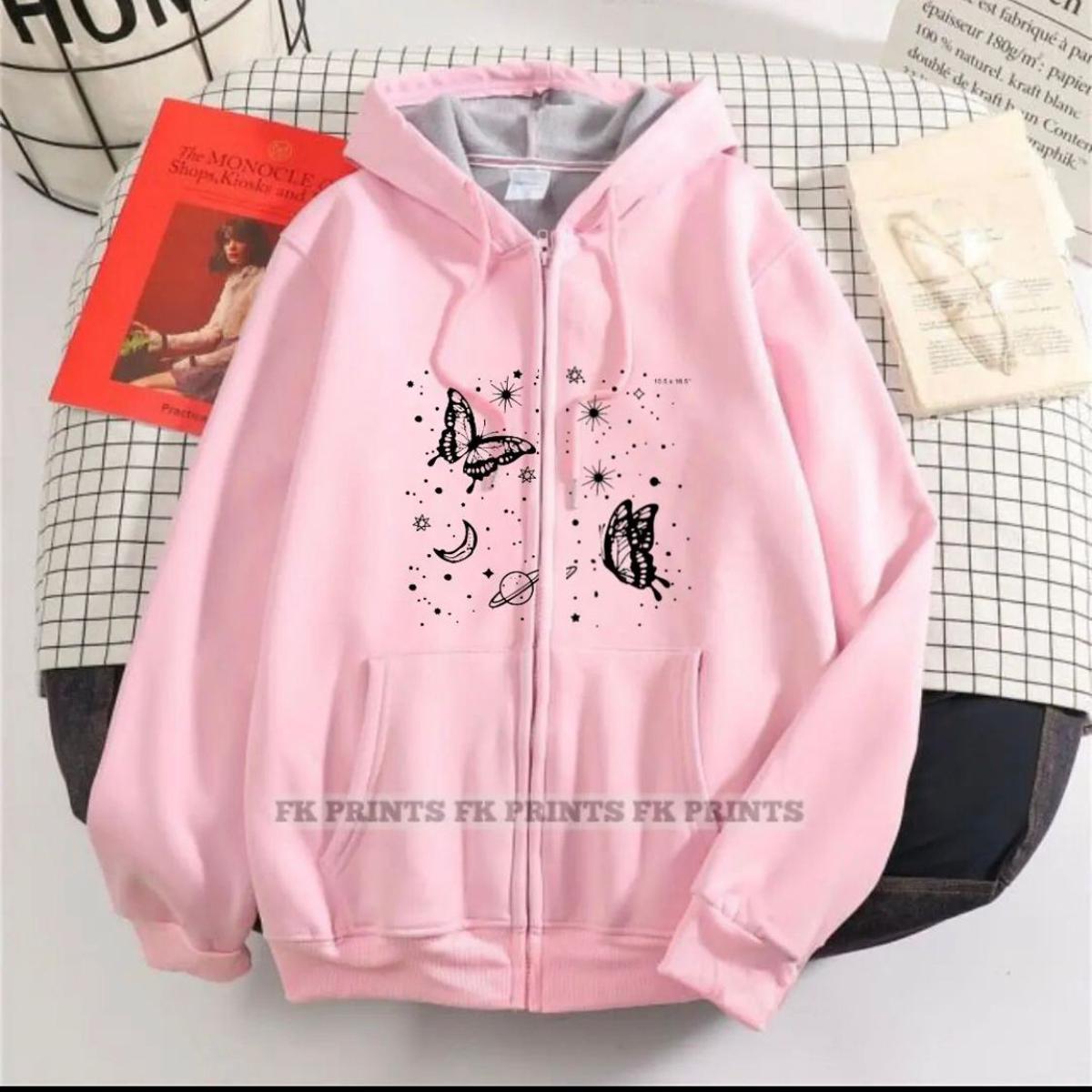 PINK BUTTERFLY & STARS PRINTED FLEECE FULL SLEEVES ZIPPER HOODIE FOR WOMEN - DENIMS - Hoodies & Sweatshirts - 