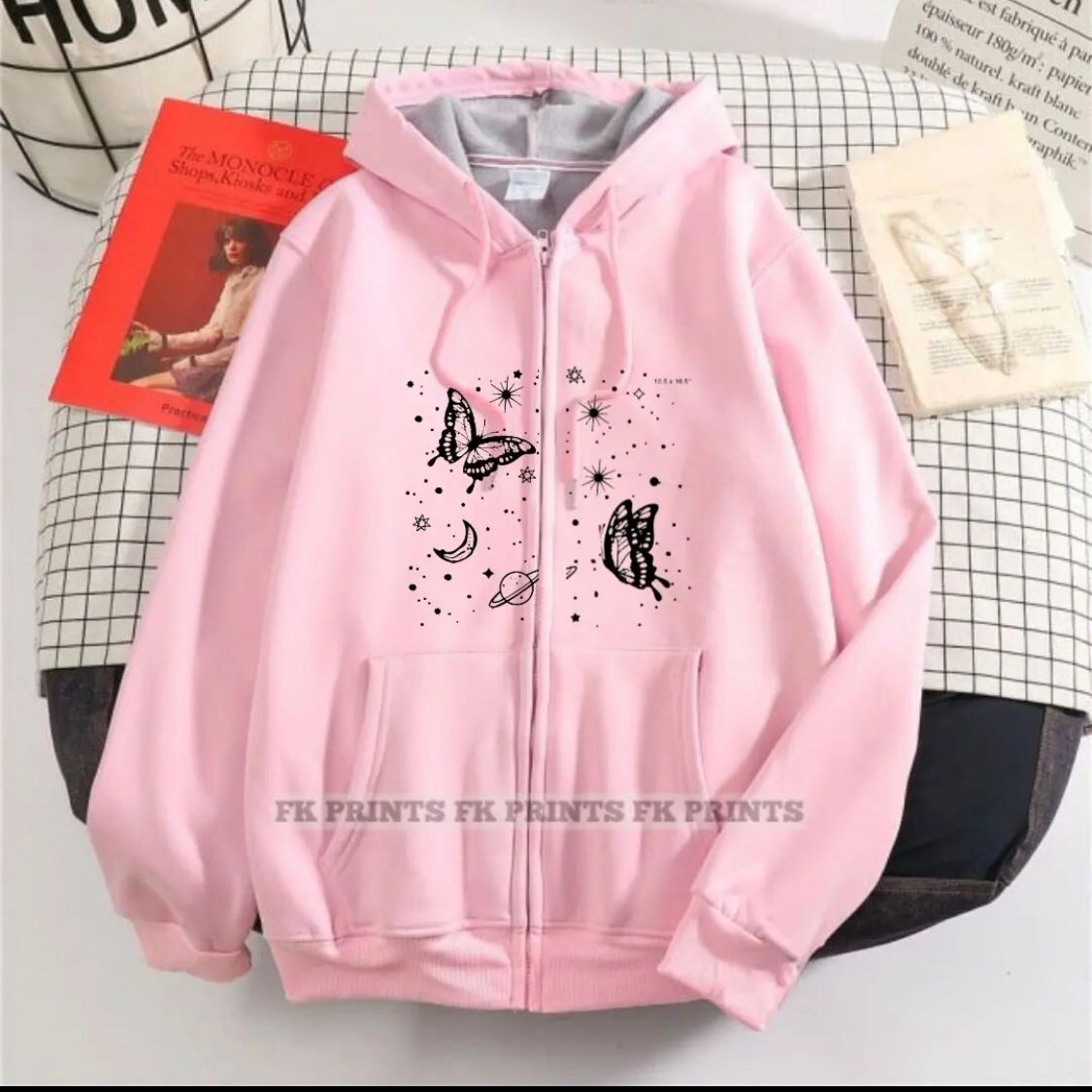 PINK BUTTERFLY & STARS PRINTED FLEECE FULL SLEEVES ZIPPER HOODIE FOR WOMEN - DENIMS - Hoodies & Sweatshirts - 