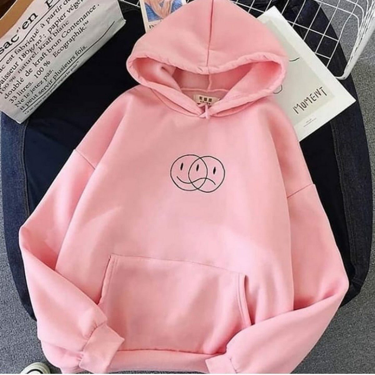 Pink Emoji Fleece Full Sleeves Pull Over Hoodie For Women - DENIMS - Hoodies & Sweatshirts - 
