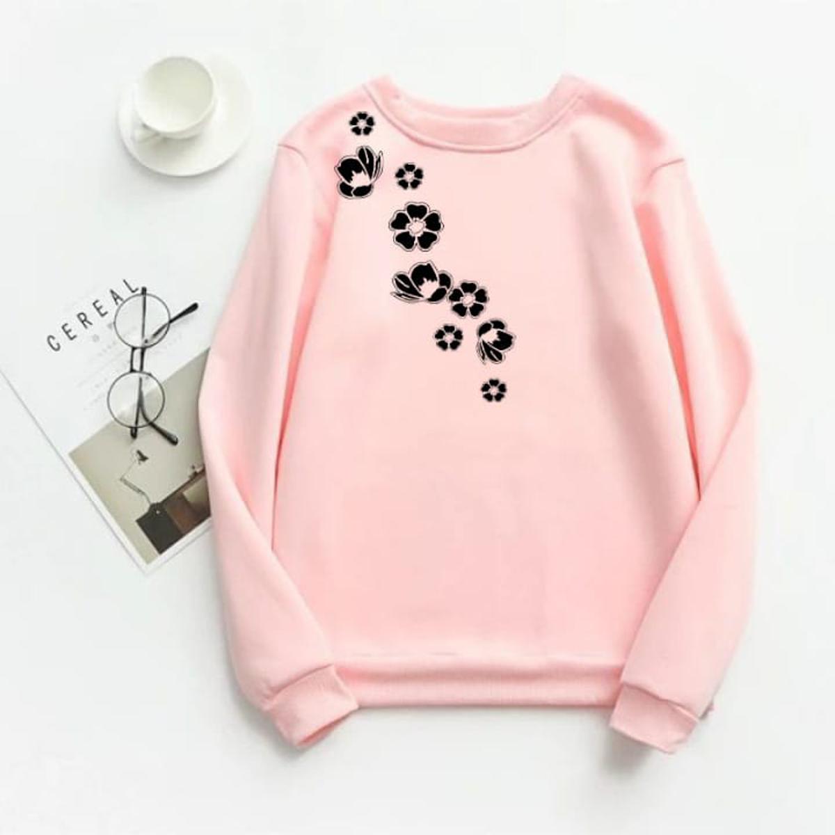 Pink Flower Fleece Full Sleeves Sweatshirt For Women - DENIMS - Hoodies & Sweatshirts - 