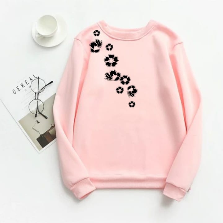 Pink Flower Fleece Full Sleeves Sweatshirt For Women - DENIMS - Hoodies & Sweatshirts - 
