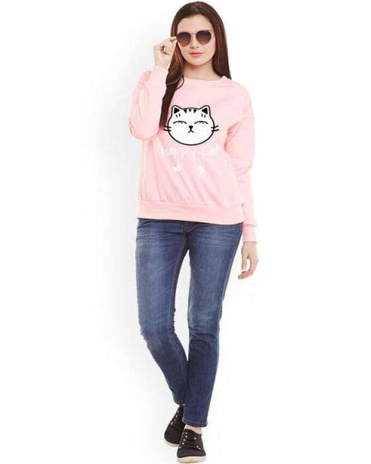 Pink Happy Cat Printed Sweat Shirt For Women - DENIMS - Hoodies & Sweatshirts - 