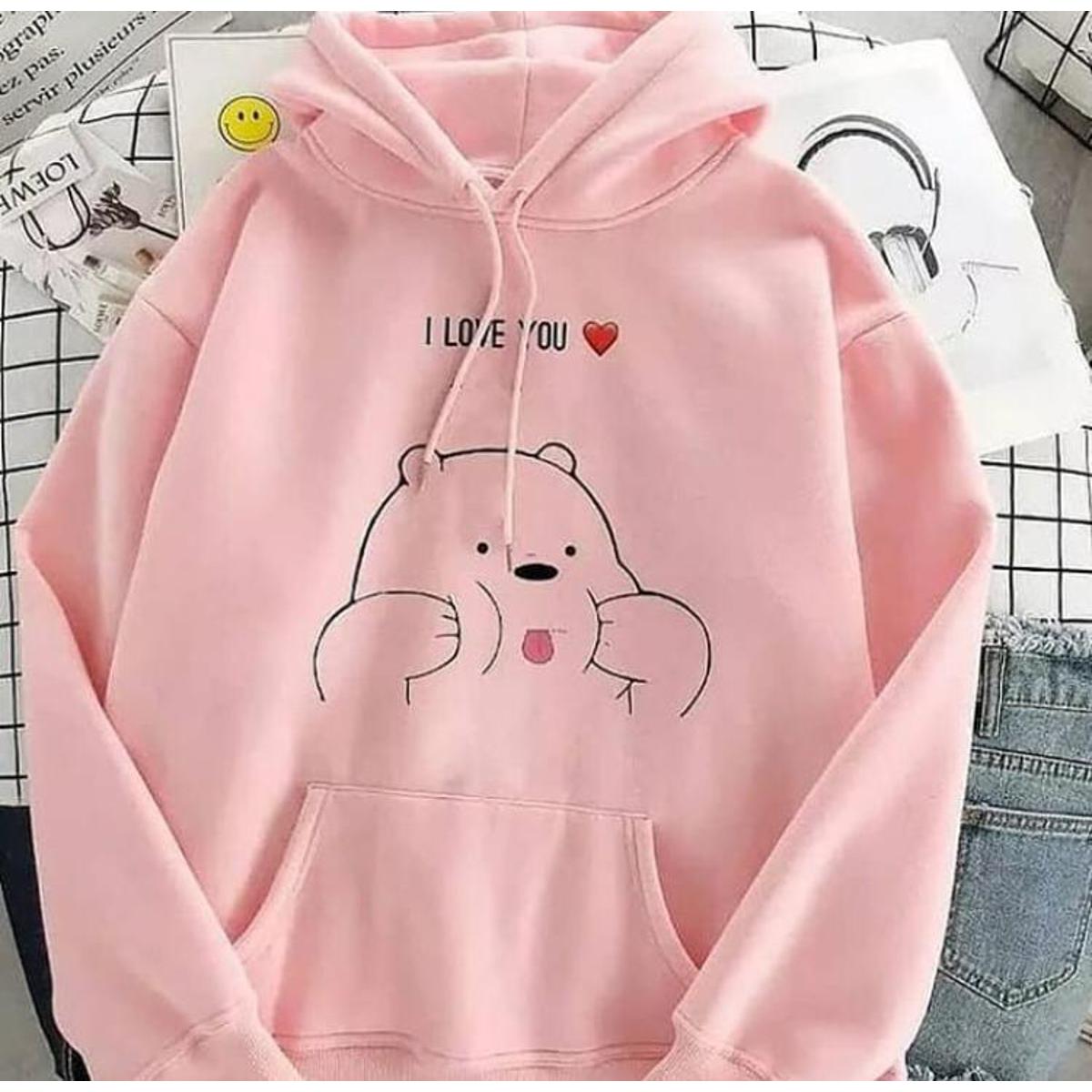 Pink I Love You Fleece Full Sleeves Pull Over Hoodie For Women - DENIMS - Hoodies & Sweatshirts - 