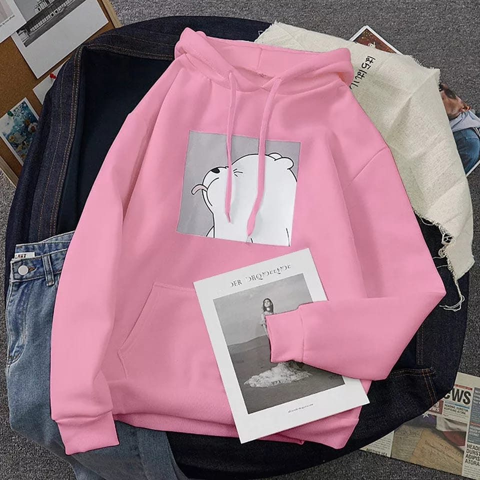 Pink Ice Bear Fleece Full Sleeves Pull Over Hoodie For Women - DENIMS - Hoodies & Sweatshirts - 