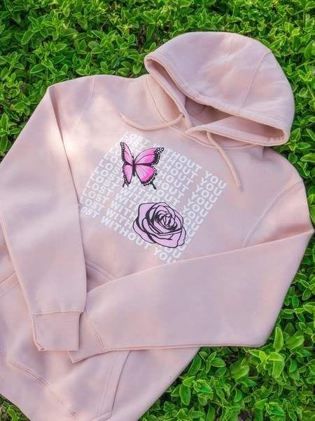 Pink Lost Without You Fleece Full Sleeves Pull Over Hoodie For Women - DENIMS - Hoodies & Sweatshirts - 