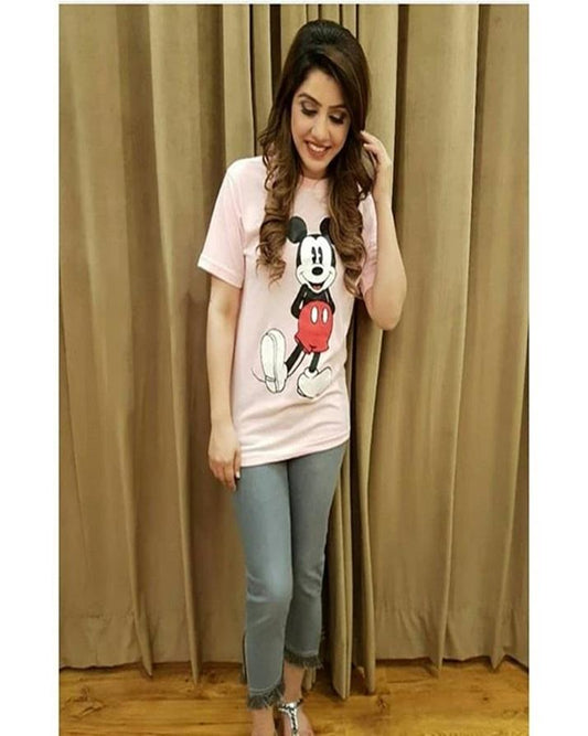 Pink Micky Cotton Printed T - Shirt For Women - DENIMS - Tops & T - Shirts - 