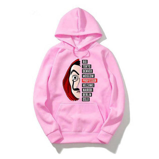 Pink Money Heist Printed Fleece Full Sleeves Pull Over Hoodie - DENIMS - Hoodies & Sweatshirts - 