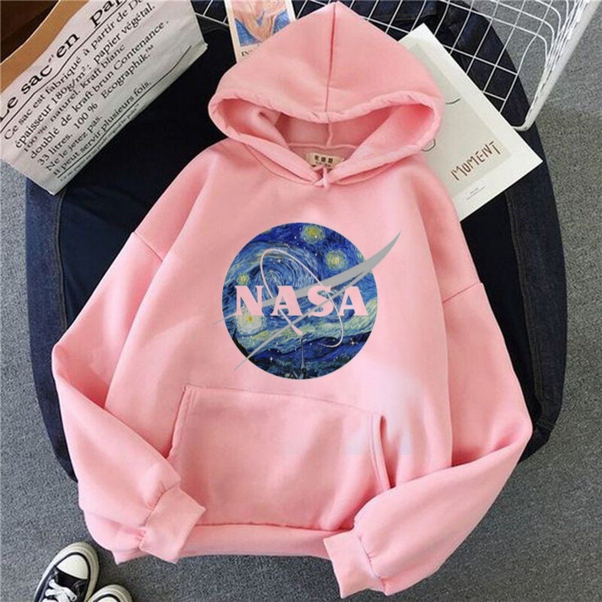 Pink Nasa Fleece Full Sleeves Pull Over Hoodie For Women - DENIMS - Hoodies & Sweatshirts - 
