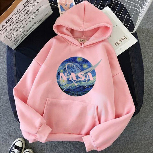 Pink Nasa Fleece Full Sleeves Pull Over Hoodie For Women - DENIMS - Hoodies & Sweatshirts - 