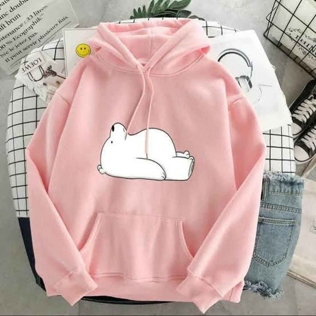 Pink Panda Bear Printed Fleece Full Sleeves Pull Over Hoodie For Women - DENIMS - Hoodies & Sweatshirts - 