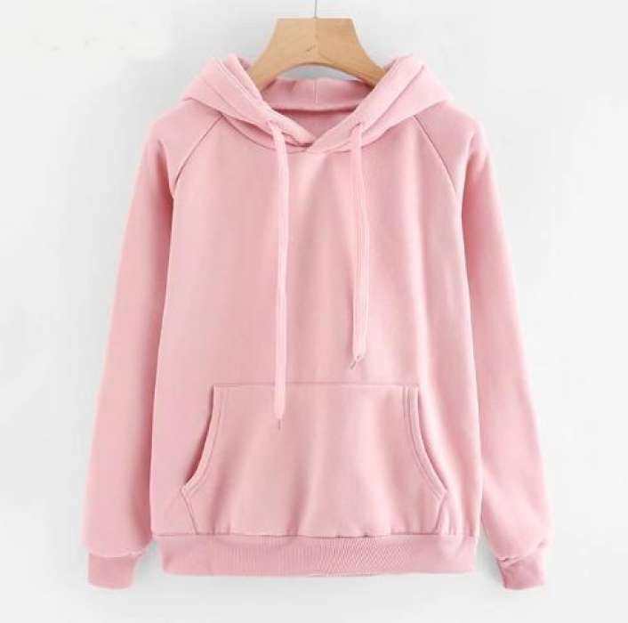 Pink Plain Sweatshirt Kangaroo Pocket Drawstring Hoodie Pullovers Clothing Long Sleeves Winter Wear Top Quality For Women - DENIMS - Hoodies & Sweatshirts - 