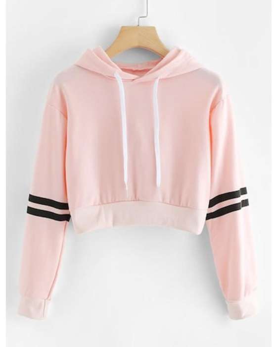 PINK STRIP ON ARM CROPPED HOODIE FOR womens 428 - DENIMS - Hoodies & Sweatshirts - 
