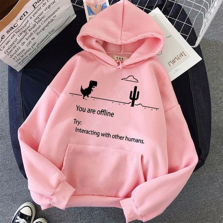 Pink You Are Offline Fleece Full Sleeves Pull Over Hoodie For Women - DENIMS - Hoodies & Sweatshirts - 