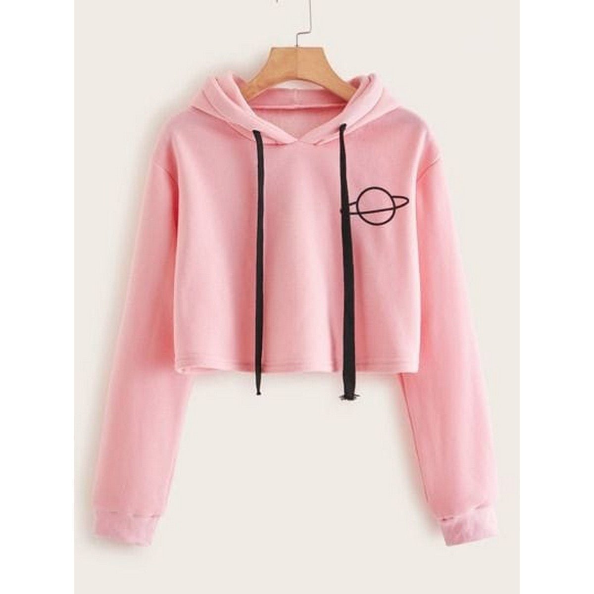 Planet Pink Printed Fleece Full Sleeves Cropped Pull Over Hoodie For Women - DENIMS - Hoodies & Sweatshirts - 
