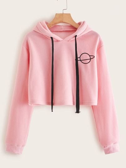 Planet Pink Printed Fleece Full Sleeves Cropped Pull Over Hoodie For Women - DENIMS - Hoodies & Sweatshirts - 