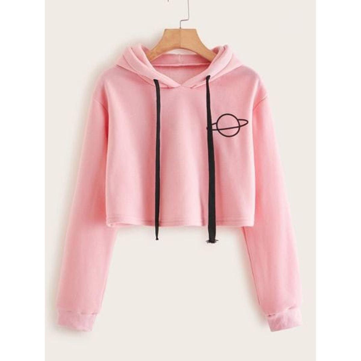 Planet Pink Printed Fleece Full Sleeves Cropped Pull Over Hoodie For Women - DENIMS - Hoodies & Sweatshirts - 