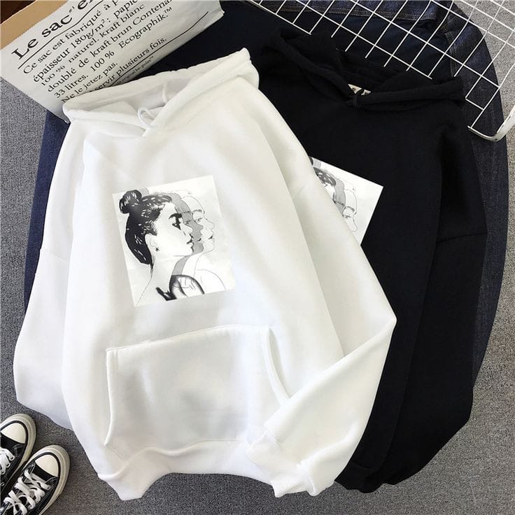 Pop Art Sketch Printed Fleece Full Sleeves Pull Over Hoodie For Women - DENIMS - Hoodies & Sweatshirts - 