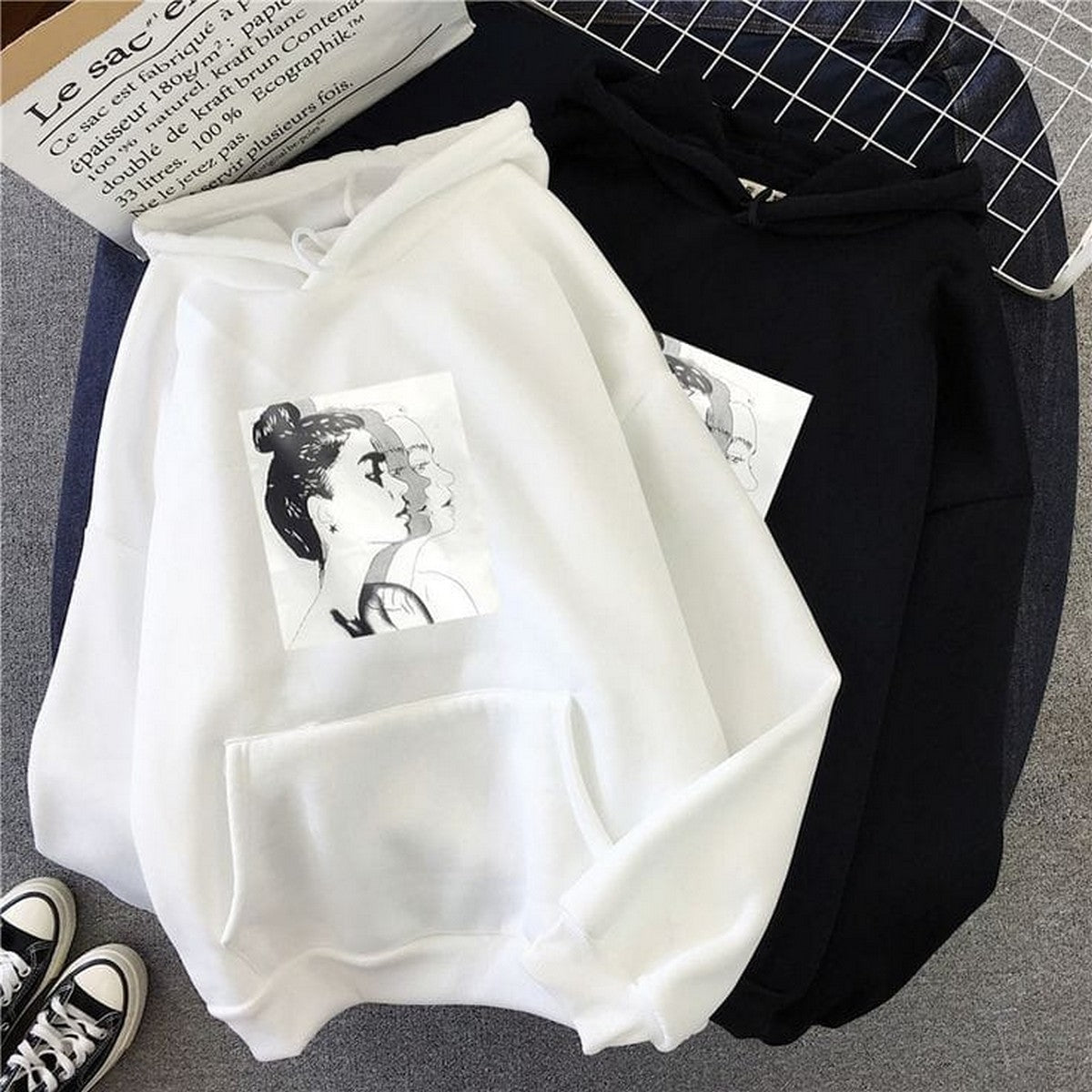 Pop Art Sketch Printed Fleece Full Sleeves Pull Over Hoodie For Women - DENIMS - Hoodies & Sweatshirts - 