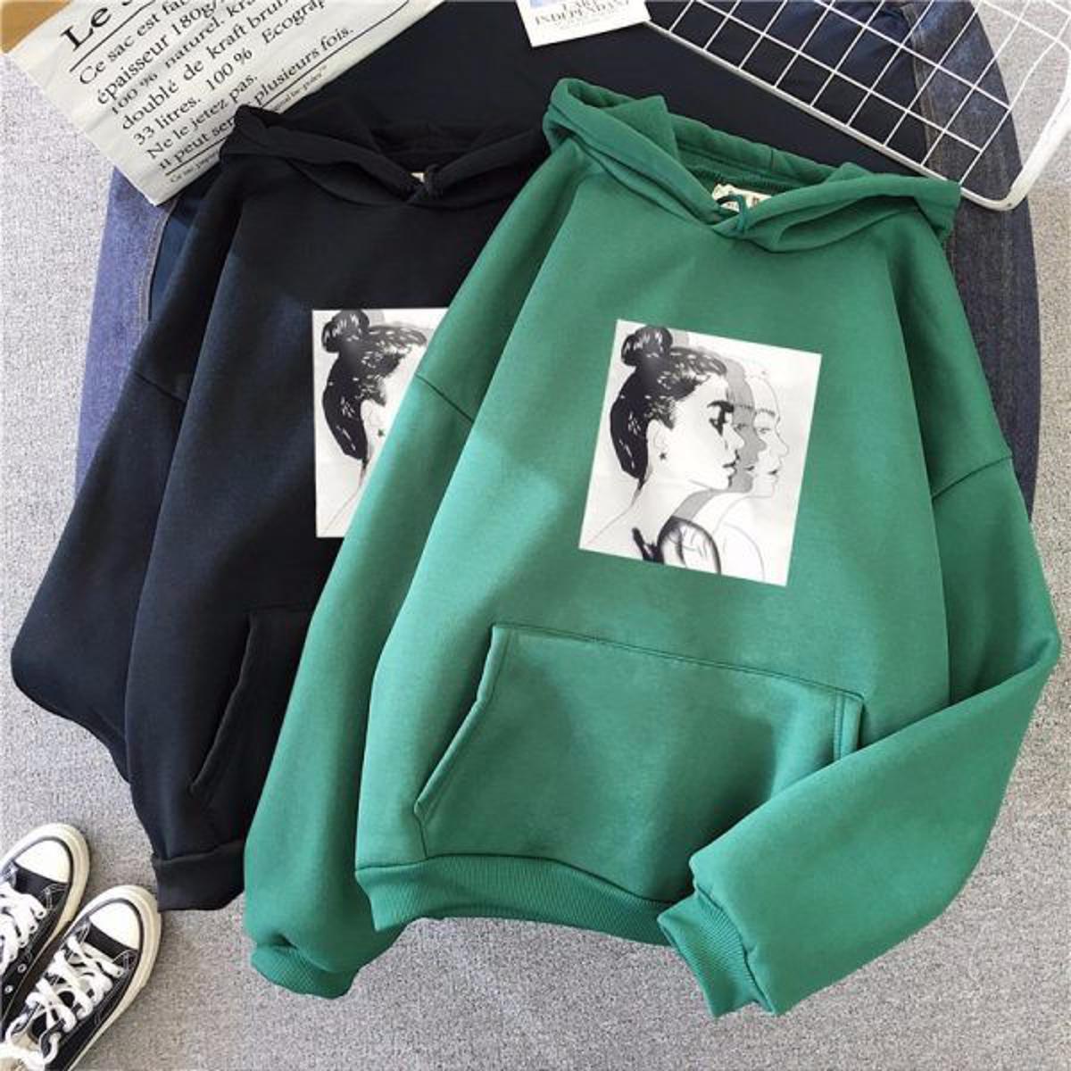 Pop Art Sketch Printed Fleece Full Sleeves Pull Over Hoodie For Women - DENIMS - Hoodies & Sweatshirts - 