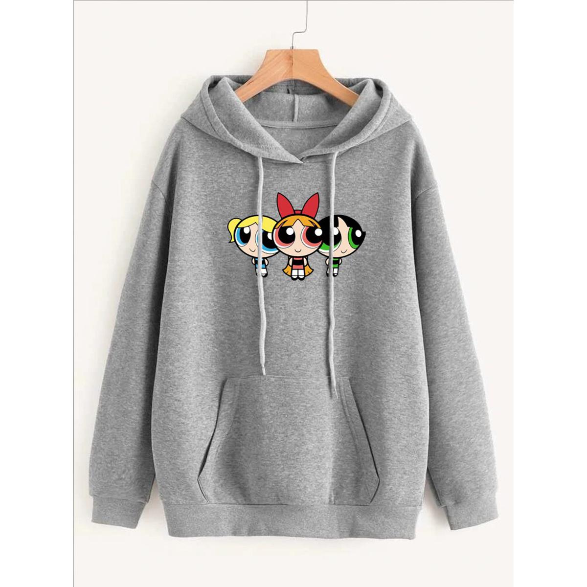 Powerpuff Girls Printed Fleece Full Sleeves Pull Over Hoodie For Women - DENIMS - Hoodies & Sweatshirts - 