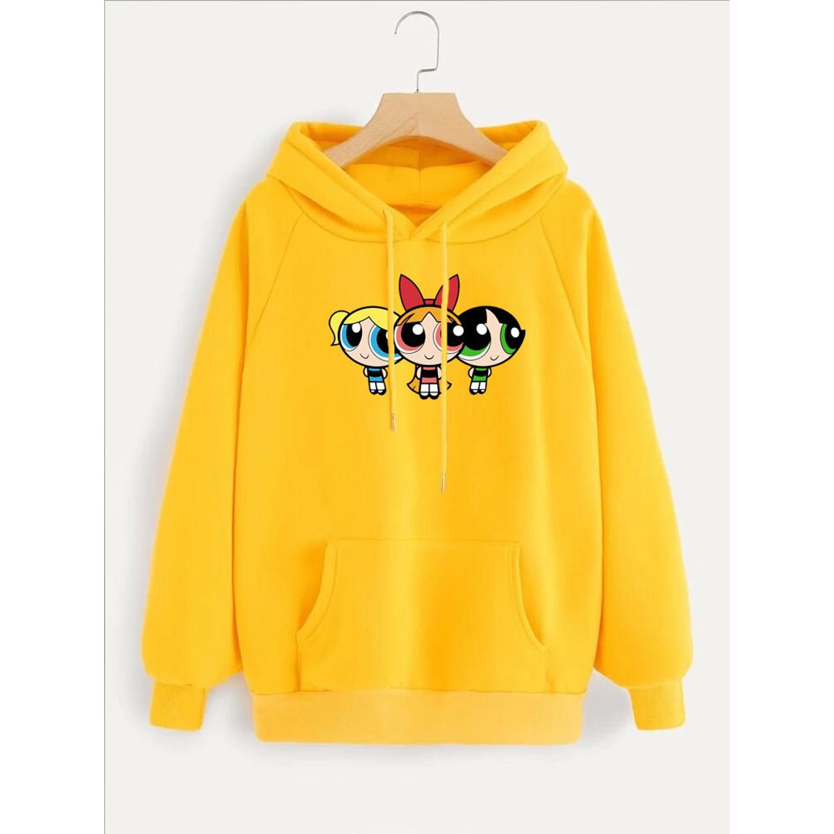 Powerpuff Girls Printed Fleece Full Sleeves Pull Over Hoodie For Women - DENIMS - Hoodies & Sweatshirts - 