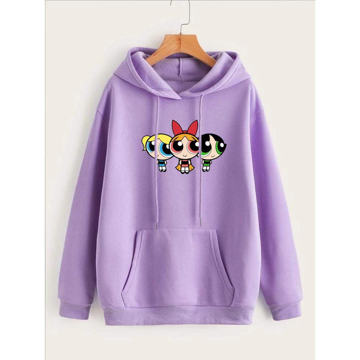 Powerpuff Girls Printed Fleece Full Sleeves Pull Over Hoodie For Women - DENIMS - Hoodies & Sweatshirts - 