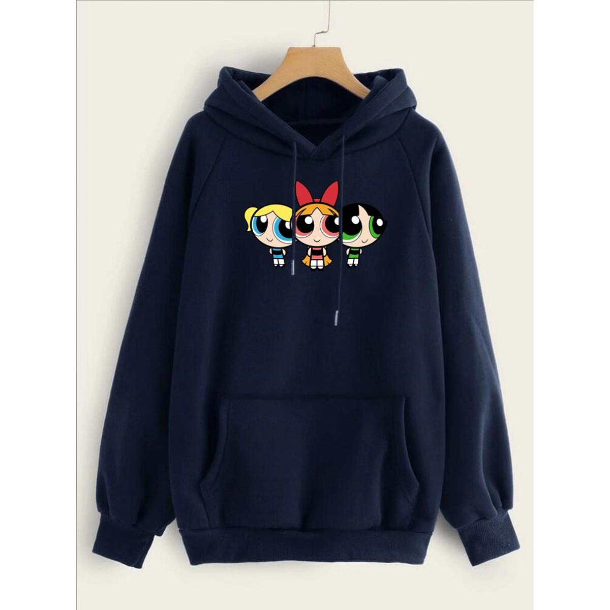 Powerpuff Girls Printed Fleece Full Sleeves Pull Over Hoodie For Women - DENIMS - Hoodies & Sweatshirts - 
