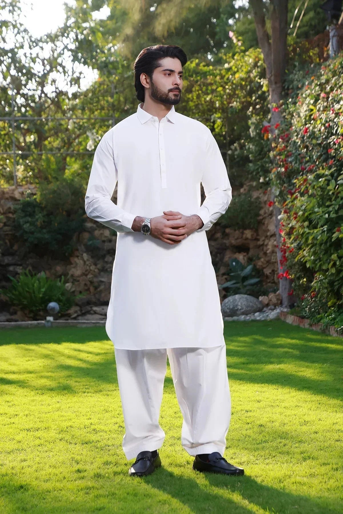 Pure Elegance: Natural White Shalwar Kameez Ensemble - DENIMS - Shalwar Kameez - 