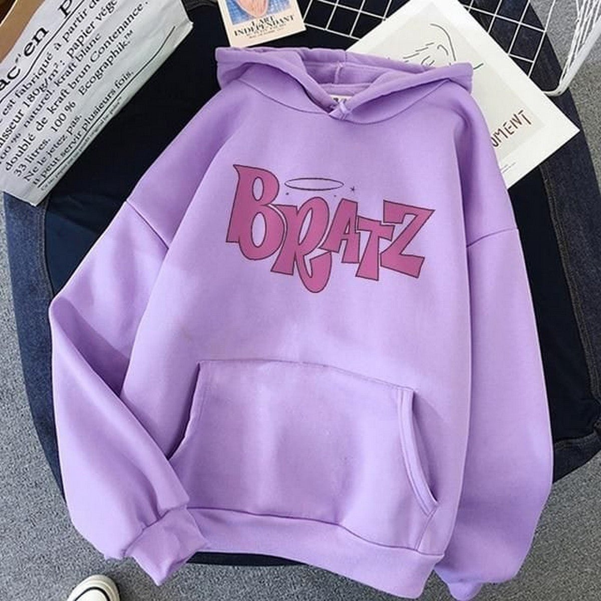 Purple Bratz Printed Fleece Full Sleeves Pull Over Hoodie For Women - DENIMS - Hoodies & Sweatshirts - 