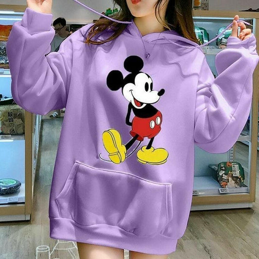 Purple Mickey Mouse Printed Fleece Full Sleeves Pull Over Hoodie For Women - DENIMS - Hoodies & Sweatshirts - 