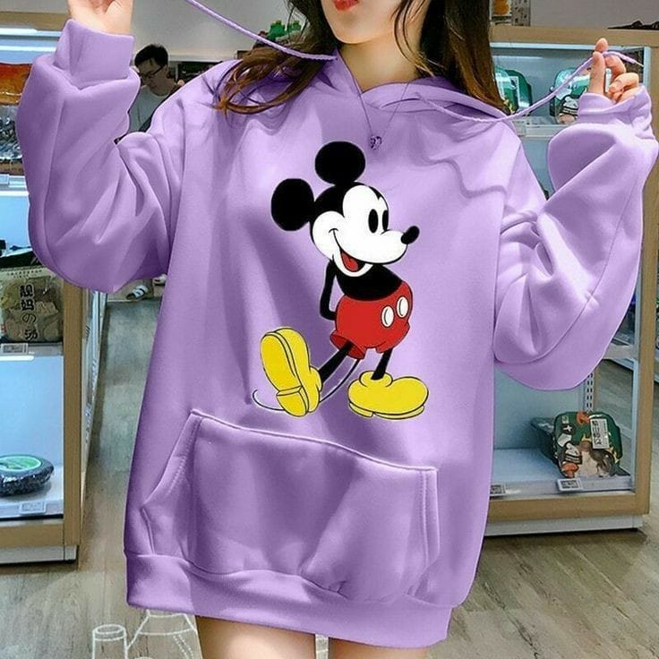 Purple Mickey Mouse Printed Fleece Full Sleeves Pull Over Hoodie For Women - DENIMS - Hoodies & Sweatshirts - 