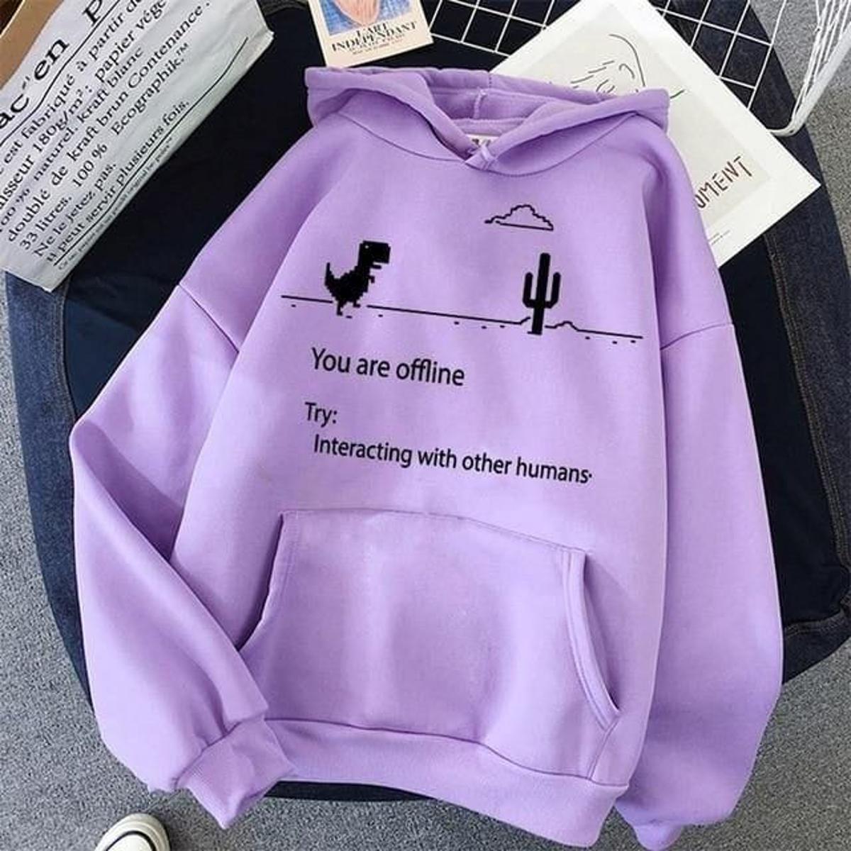 Purple You Are Offline Printed Fleece Full Sleeves Pull Over Hoodie For Women - DENIMS - Hoodies & Sweatshirts - 