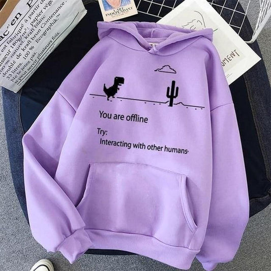 Purple You Are Offline Printed Fleece Full Sleeves Pull Over Hoodie For Women - DENIMS - Hoodies & Sweatshirts - 