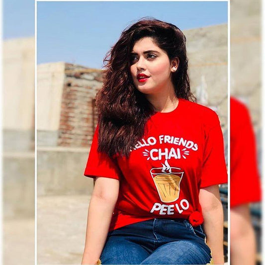 Red Hellow Friends Chai Peelo Cotton T - shirt For Womens - DENIMS - Tops & T - Shirts - 