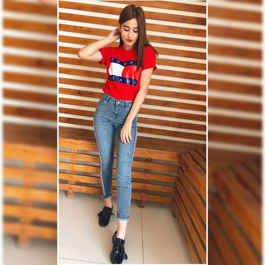 Red T - Jeans Cotton Printed T - shirt For Womens - DENIMS - Tops & T - Shirts - 