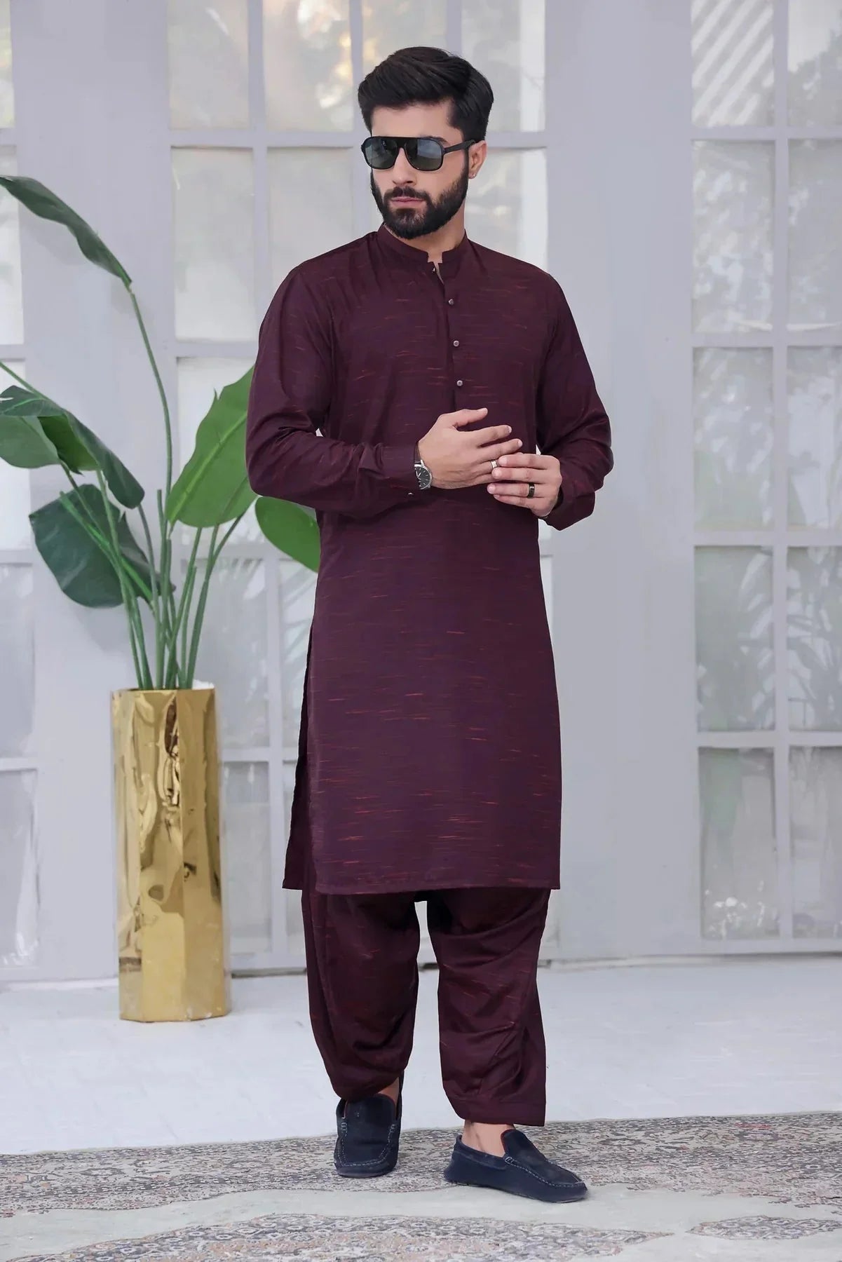 Regal Orchid: Purple Shalwar Kameez Ensemble for Men - DENIMS - Shalwar Kameez - 