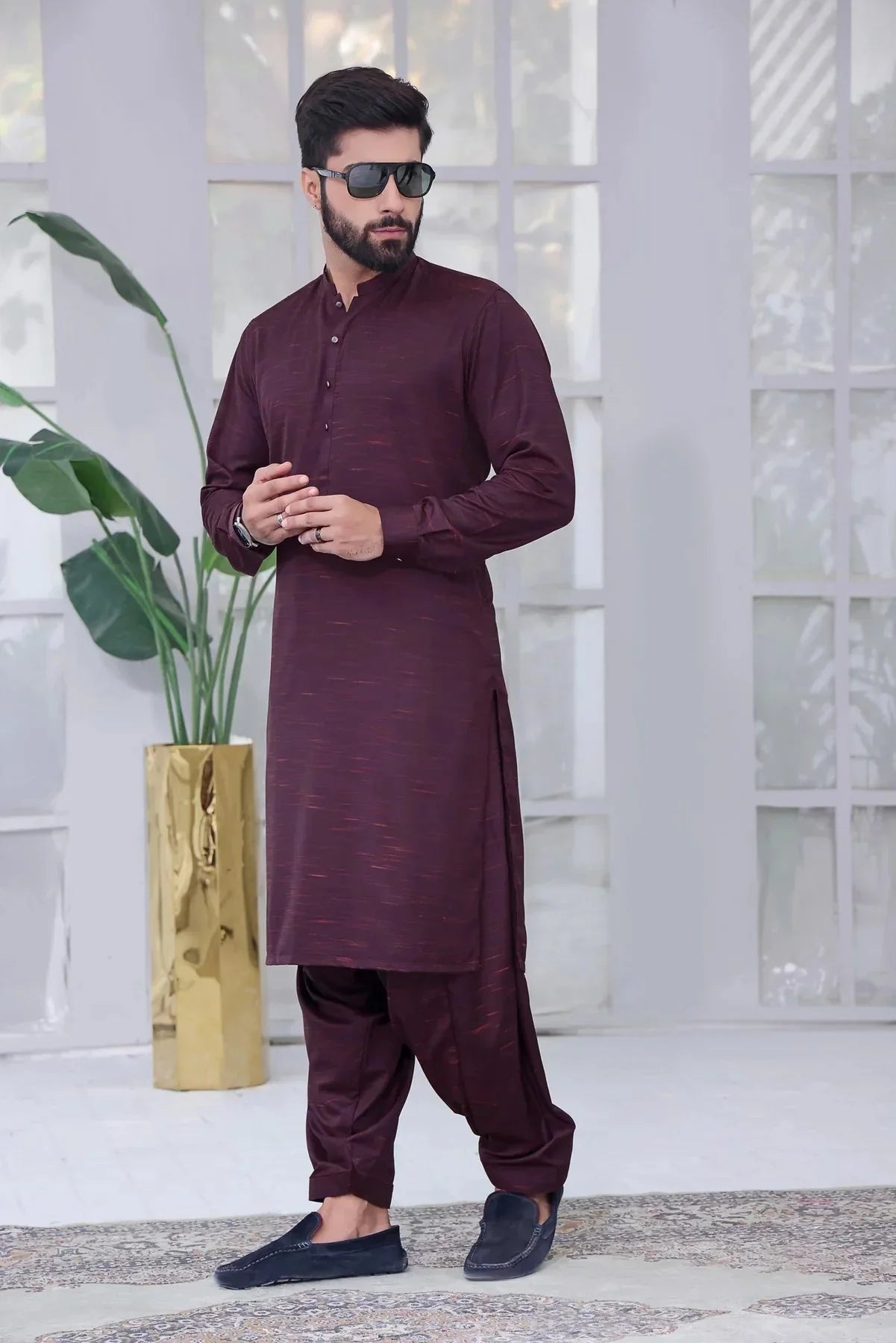 Regal Orchid: Purple Shalwar Kameez Ensemble for Men - DENIMS - Shalwar Kameez - 