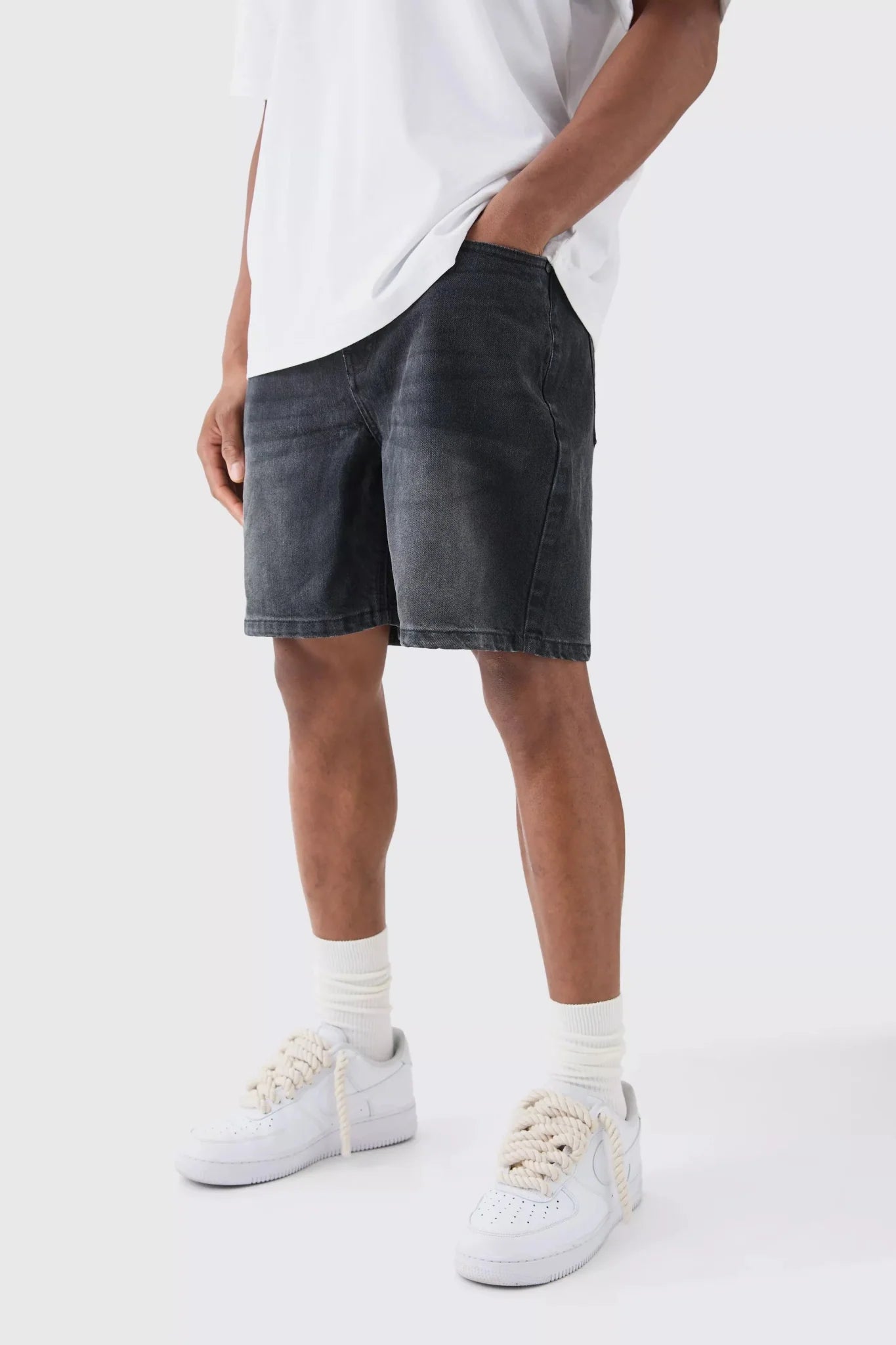 Relaxed Rigid Denim Shorts In Charcoal - DENIMS - Shorts - 