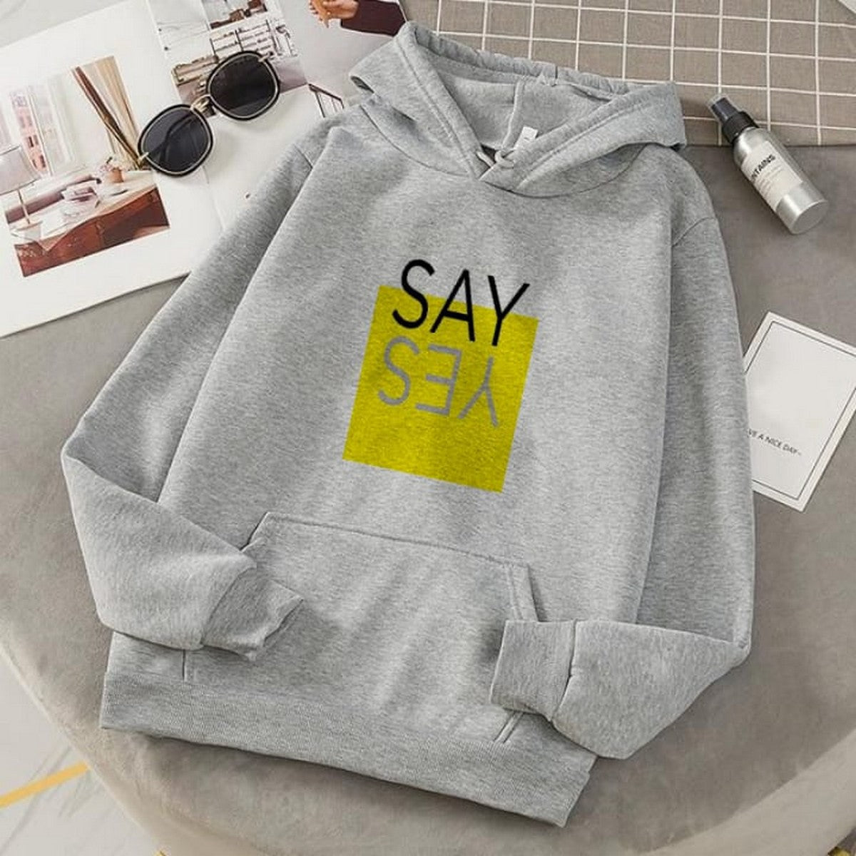 Say Yes Grey Fleece Full Sleeves Pull Over Hoodie For Women - DENIMS - Hoodies & Sweatshirts - 